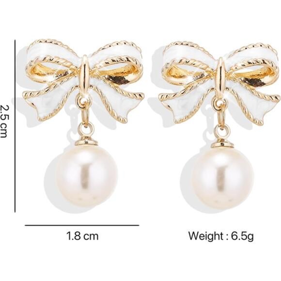Gold Pearl Bow Earrings - Trendy White Coquette Ribbon Dangle Jewelry for Women - Picture 2 of 7